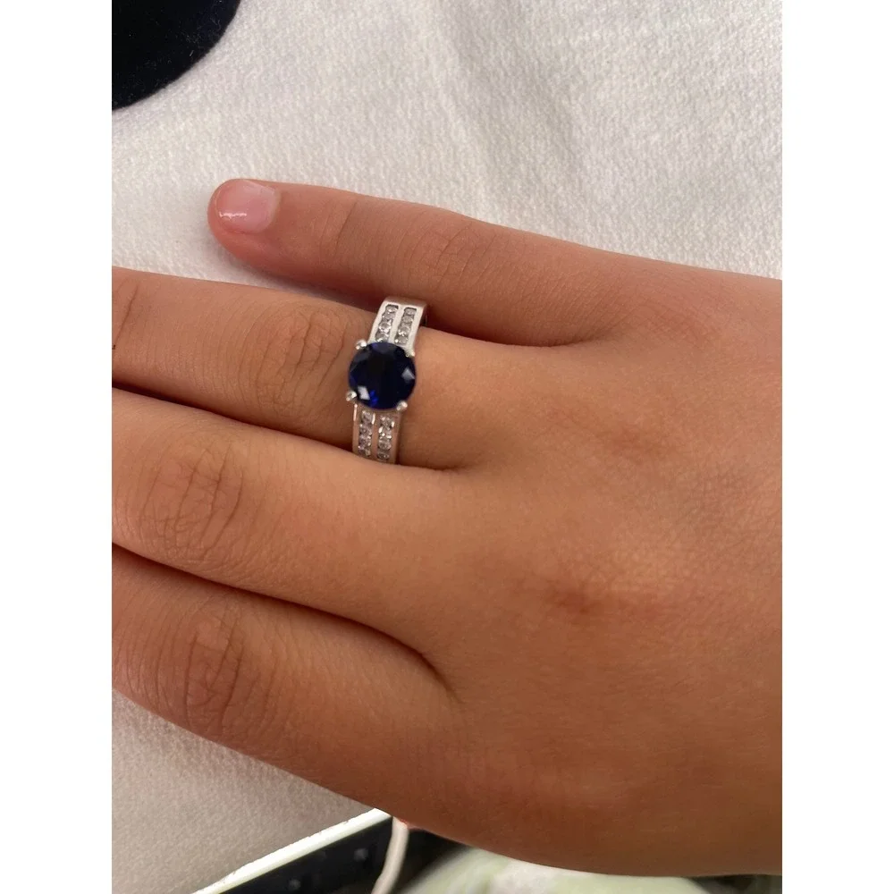Silver Tone Round Cut Blue Stone Cocktail Ring with Clear Accents Size 7.5